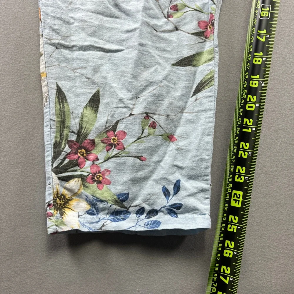 Kaktus Cropped Pants Womens Large Blue Botanical Mid Rise Pull On Straight Leg